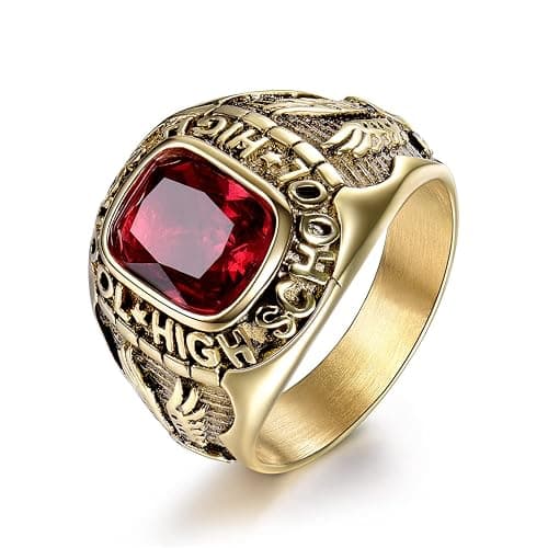 MASOP Retro Eagle Stainless Steel Rings for Men High School Red Crystal Gold Tone Jewelry Size 8-15 - 9 - Image 1