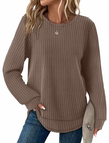 WIHOLL Tunic Tops for Women Loose Fit Dressy Waffle Knit Long Sleeve Shirts Trendy Fall Fashion Crewneck Sweaters Curved Hem - Image 1