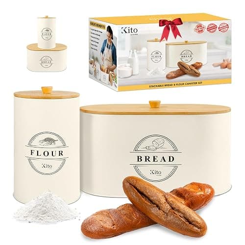Kito LIVING Canisters Sets for Kitchen Counter Storage and Organization with Wooden Bamboo Lids, Food Pantry Containers, Stackable Steel Storage Bins, Airtight Bread and Flour Containers - Cream - Cream - Bread, Flour - Image 1