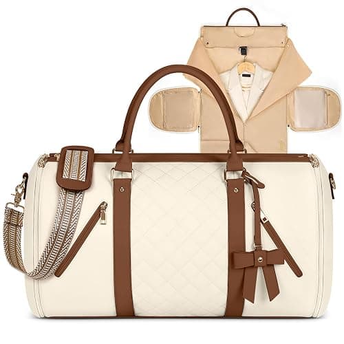 RAINSMORE Garment Bags for Travel Women Leather Convertible Garment Duffle Bag With Shoe Pouch,Large Carry On Garment Bag Dress Suit Business Travel Bags Beige - Image 1