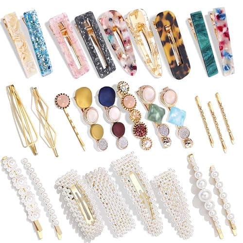 28 PCS Hingwah Pearls and Acrylic Resin Hair Clips, Handmade Hair Barrettes, Marble Alligator bobby pins, Glitter Crystal Geometric Hairpin, Elegant Gold Hair Accessories, Gifts for Women Girls - Image 1