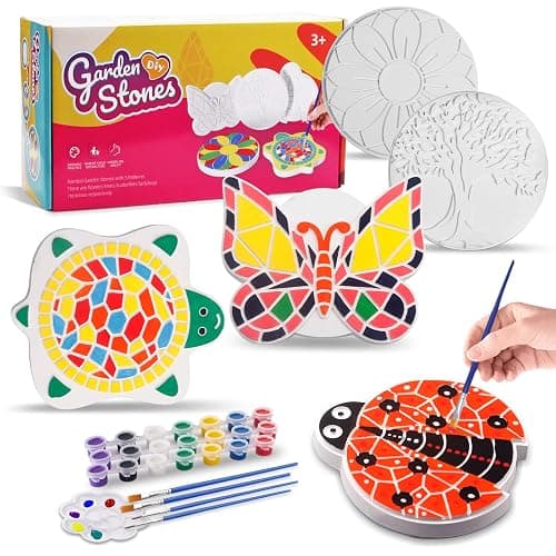 Paint Your Own Stepping Stones 5-Pack for Kids, Boys & Girls Ages 3-12, Butterfly, Turtle, Flower, Tree & Ladybug DIY Outdoor Garden Art & Craft Ceramic Painting Set for Birthday Summer Activity - Image 1