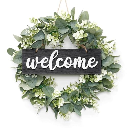 Dremisland 16 Inch Eucalyptus Leaves Wreath,Artificial Green Leaves Wreath with Welcome Sign Board for Front Door Window Farmhouse Garden Festival Celebration Home Decoration (Black) - Image 1