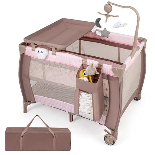 COSTWAY 3 in 1 Portable Travel Cot, Folding Baby Bassinet and Activity Playpen with Changing Table, Mattress, Music Box, Hanging Toys, Wheels and Carry Bag, Baby Crib Bed for Boys Girls (Pink) - Image 1