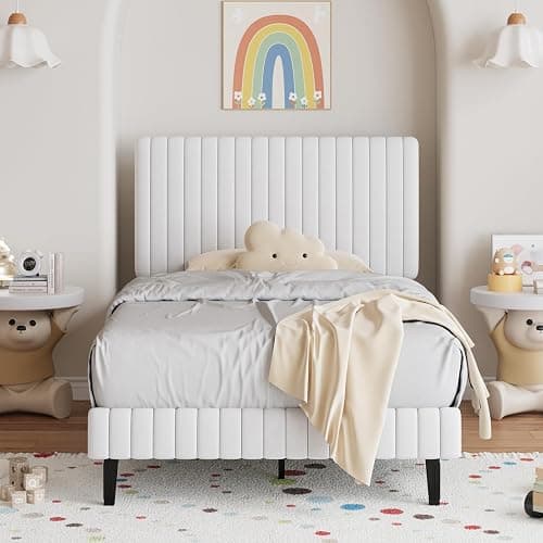 BarnFurin Twin Bed Frame/Velvet Upholstered Platform Bed with Adjustable Vertical Channel Tufted Headboard and Footboard/No Box Spring Required/Easy Assembly/White - Image 1