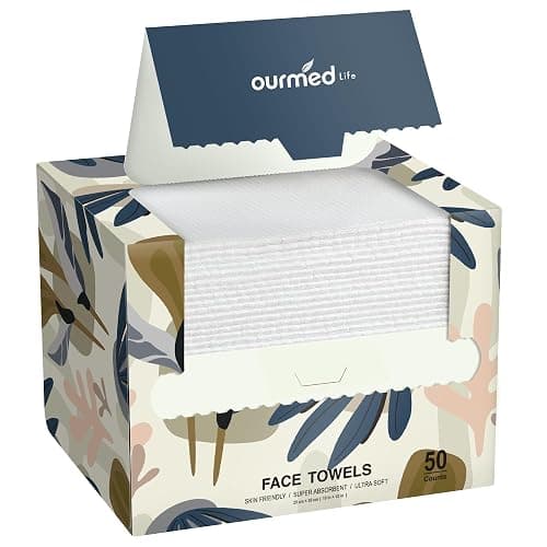 Ourmed Life Face Towels, Disposable Biodegradable Facial Towelettes for Sensitive Skin, Soft Lint-Free Face Cloths, Clean Dry Wipes for Washing Face, Skincare & Makeup Remover, 12"x10", 50 Count - Image 1