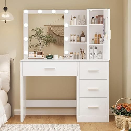 FIONESO Vanity Desk with Mirror and Lights, Makeup Vanity with 4 Drawers, Cabinet & 4 Necklace Hooks, White Vanity with Mirror and 10 LED Lights, Dressing Table for Women, Bedroom, White - Image 1
