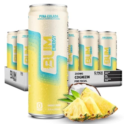 BUM Sugar-Free Energy Drink, Pina Colada - Lightly Carbonated & No Artificial Colors, Natural Caffeine & Citicoline for Energy & Focus, Brain Boost & Workout Sports Beverage - 12 oz, Pack of 12 - Image 1