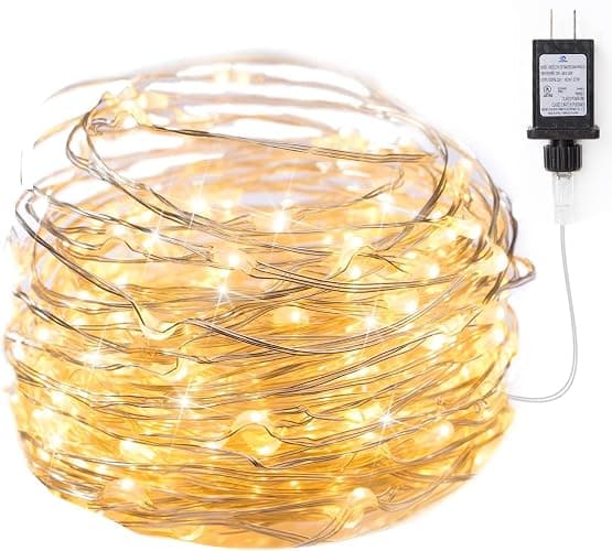 Minetom Fairy Lights Plug in, 33Ft 100 LEDs Waterproof Silver Wire Firefly Lights, Adaptor Included, Starry String Lights for Wedding Indoor Outdoor Christmas Patio Garden Decoration, Warm White - Image 1