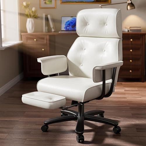 Reclining Office Chair with Footrest, Big and Tall Office Desk Chair 400lbs Wide Seat, Leather High Back Ergonomic Vintage Chair, Heavy Duty Executive Computer Chair, White - Image 1