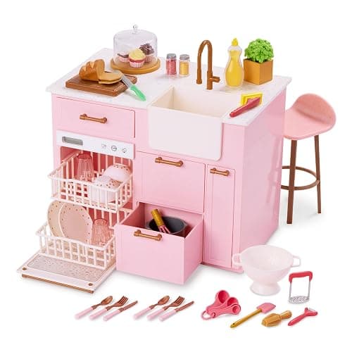 Our Generation Cooking Island Kitchen Playset for 18-inch Dolls, Medium | 34-piece doll kitchen island with sink, stool, toy food, dishes, storage, and 3 sounds for pretend play, Medium, 3+ Years - Image 1