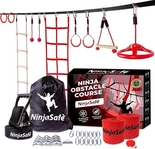 Ninja Obstacle Course for Kids Backyard - 10 Durable Obstacles and 50' Slackline - Outdoor Warrior Obstacle Playset Equipment for Girls & Boys with Monkey Bars, Ladder, Wheel, Gymnastics, Climbing Net - Image 1
