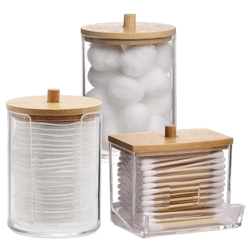Tbestmax Bathroom Organizer Accessories Set-10 OZ Qtips Holder Storage with Bamboo Lids, Cotton Ball/Swabs Dispenser, Apothecary Container Jar 3 Pcs - Image 1