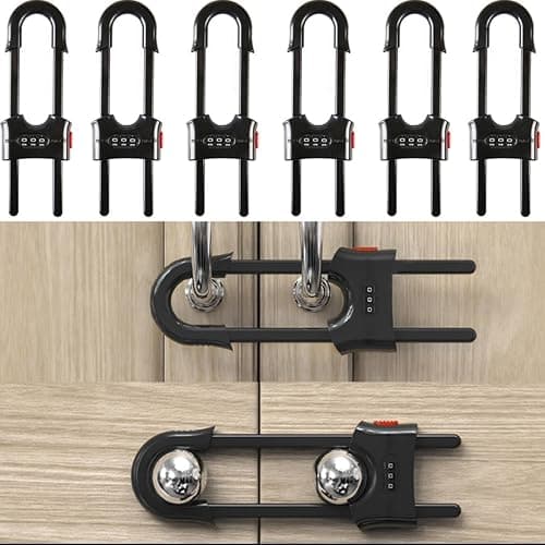 FIGEPO 6 Pack Child Proof U-Shaped Code Sliding Cabinet Door Locks Adjustable Baby Safety Plastic Cupboard Cabinet Latches Set for Knob Handle Drawers Closet Black - Image 1