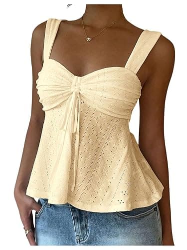 Milumia Women's Eyelet Tie Front Ruched Tank Tops Y2k Going Out Peplum Top | Babydoll, Sexy Slim Fit, Sleeveless, Flowy, Summer, Beach Vacation Outfits, Country Concert - Image 1