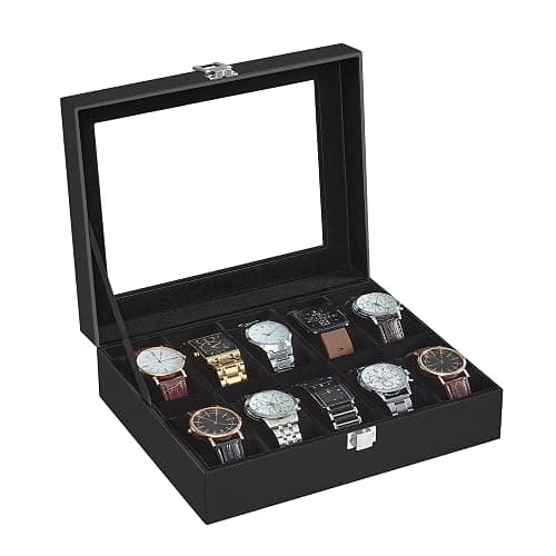 SONGMICS Watch Box with 10 Slots, Watch Case with Glass Lid, Watch Display Box with Removable Watch Pillows, Metal Clasp, Gift Idea, Black Synthetic Leather, Black Lining JWB010B02 - Image 1