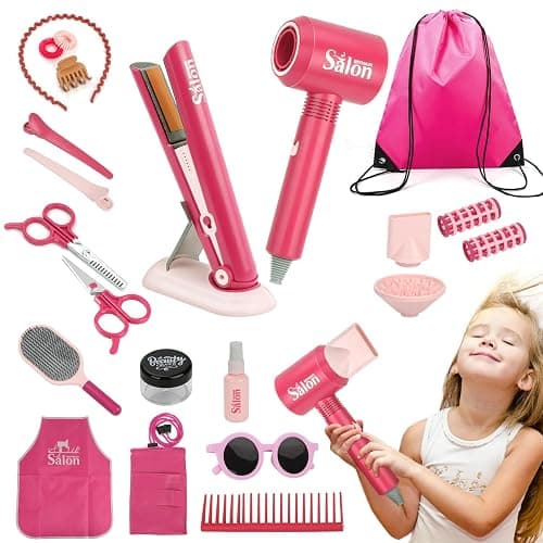 23 Pcs Hair Salon Girls Toys Kids Pretend Play Toys Toddler Dress Up Beauty Salon Set Stylist Kit with Hairdryer Flat Apron Scissors Curling Accessories Girl Gifts (with Storage Bag) - Image 1