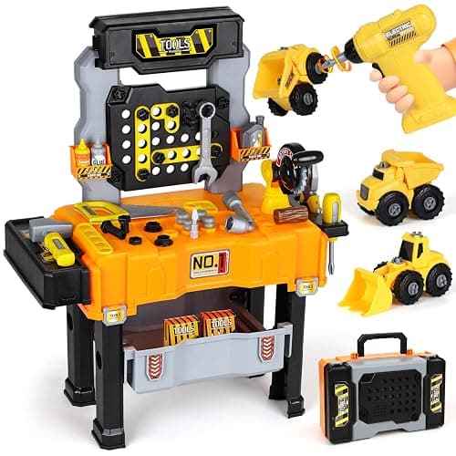 Lehoo Castle Kids Tool Bench, Kids Tool Set with Realistic Electric Drill & Take Apart Construction Vehicles, Workbench & Tool Box in One Design, STEM Learning Toys for 2-3 Years Toddler Boys & Girls - Image 1