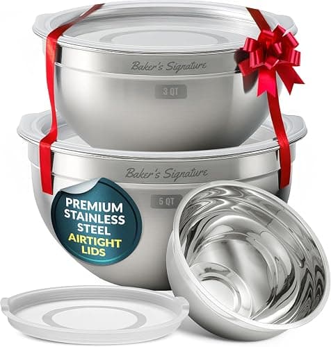 Baker's Signature Stainless Steel Mixing Bowls With Lid, Metal Mixing Bowl Set Of 3, Nesting Set For Food Prep, Baking,Storage, Cooking, Serving | Dishwasher Safe, Silver, 1.5/3/5 Qt - Image 1