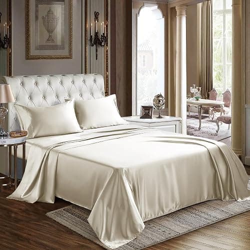 CozyLux Satin Sheets Queen Size - 4 Piece Beige Bed Sheet Set with Silky Microfiber, 1 Deep Pocket Fitted Sheet, 1 Flat Sheet, and 2 Pillowcases - Smooth and Soft - Image 1