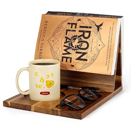 3HQ Wooden Book Stand for Reading Rest, Acacia Triangle Book Holder with Cup, Glasses, Pen & Phone Holder, Book Nook Reading Valet for Book Lover Gifts - Image 1