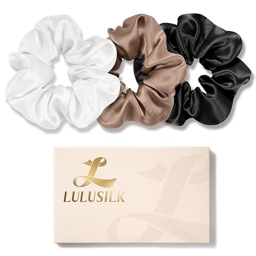 LULUSILK Silk Scrunchies for Hair Sleep, 100% Real Mulberry Silk, No Damage Silk Hair Ties for Women and Girls, Black White and Light Brown, Pack of 3 - Image 1