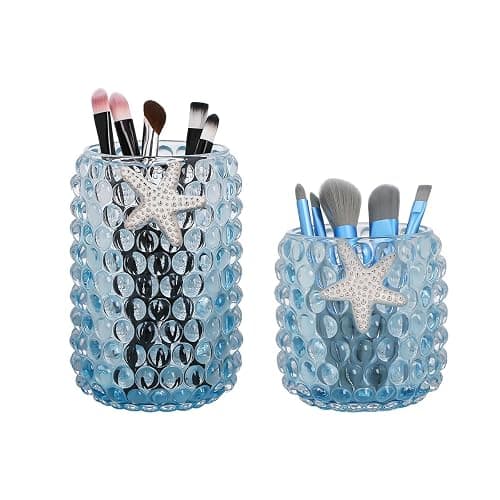 ⭐️Fvstar Glass Makeup Brush Holder Organizer,Vintage Cosmetic Brush Storage Cup,Cute Starfish Pencil Holder,Makeup Organizer Cup for Bathroom,Countertop,Desktop,Vanity, Light Blue -Large and Small - Light Blue -Large and Small - Image 1