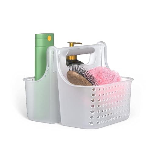 Brookstone Modern Large Portable Shower Caddy with Soft Silicone Carrying Handle, Bathroom Organizer Basket, Plastic Bath Tote and Shower Organizer, Quick Dry Drainage Holes, BPA Free, Clear - Image 1