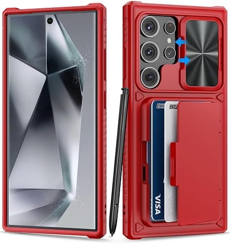 BXYJY for Samsung Galaxy S24 Ultra Case Wallet, Credit Card Holder, Red | Stand, Slide Camera Cover, Military Grade Drop Protection, Heavy Duty, Rugged Hard, Silicone, Women Girly Men, 6.8" 2024 5G - Image 1