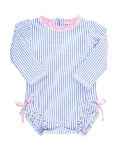RuffleButts Baby/Toddler Girls Seersucker Long Sleeve One Piece Rash Guard Swimsuit with UPF 50+ Sun Protection - Image 1