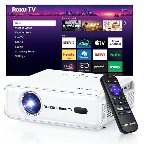 Aurzen Roku TV Smart Projector with Wifi and Bluetooth, Roku TV Built-in, 1080P FHD, DoIby Audio, Auto Focus & Keystone, Zoom, Movie Portable Outdoor Mini Projector for Soccer Football Game, White - Image 1