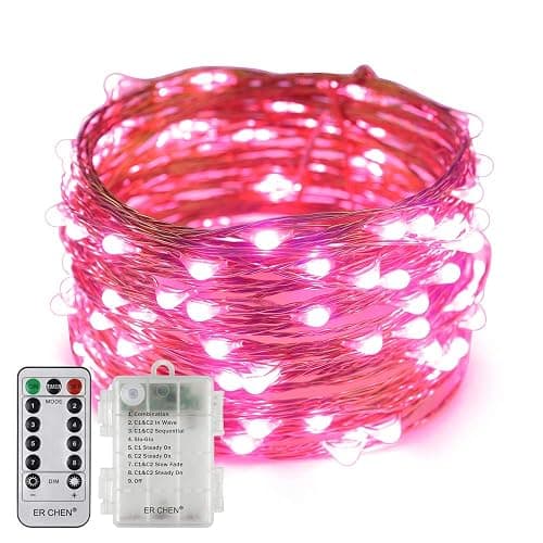 Erchen Battery Operated LED String Lights, Dimmable 33 FT 100 LED Ultra Thin Waterproof 8 Modes Timer Copper Wire Fairy Lights with 13 Key Remote Control for Indoor Outdoor Christmas Party (Pink) - Image 1