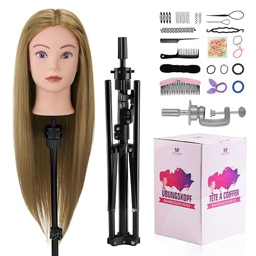 Neverland 26-28" Training Hairdressing Mannequin Head with Tripod, Blonde | For cosmetology students & stylists to practice braiding & styling. Includes mannequin head, tripod stand & tool kit. - Image 1