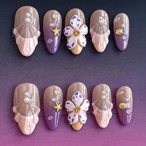 30Pcs Purple Flower Press on Nails Medium Almond French Tip Fake Nails with Gold Shell Starfish Gems Design Summer Stick on Nails Full Cover Artificial Glue on Nails Handmade False Nails for Women DIY - Image 1