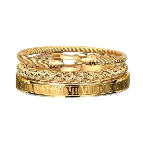 WFYOU 3PCS Stainless Steel Bracelets for Men Gold Roman Numeral Bangle Bracelet Twisted Cable Bracelet Adjustable Cuff Bracelet Mens Luxury Jewelry Bracelets Gifts - Image 1