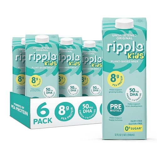 Ripple Plant Based Milk, Kids Unsweetened, 8g Pea Protein, Calcium Rich, Shelf Stable Carton, Vegan, Non-GMO, Dairy, Soy, Nut, Gluten & Lactose Free, 32 Fl Oz, Pack of 6 - Image 1