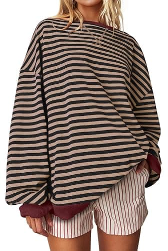 UEU Women Oversized Striped Crewneck Sweatshirt Long Sleeve Casual Pullover | Loose Fit Y2K Tops, Soft Sweatshirt Fabric, Color Block, Lounge Fall Streetwear, Workout Shirt - Image 1