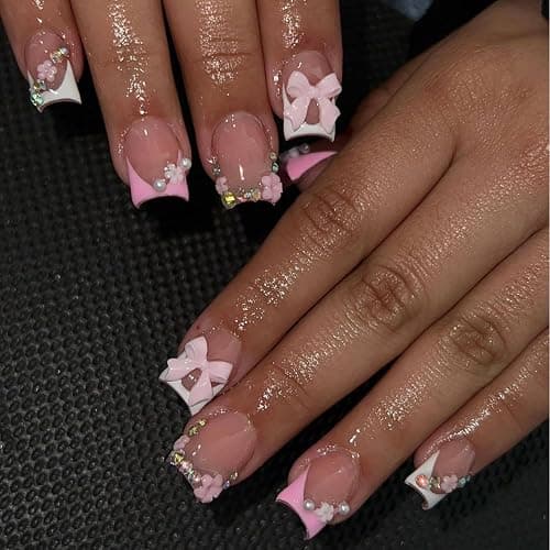 24Pcs Pink French Tip Press on Nails Short Square Fake Nails with Flower Bow Nail Charms Rhinestones Glue on Nails Cute Bows False Nails Artificial Acrylic Nails for Women Manicure Tips Decor - Bow Style-28 - Image 1