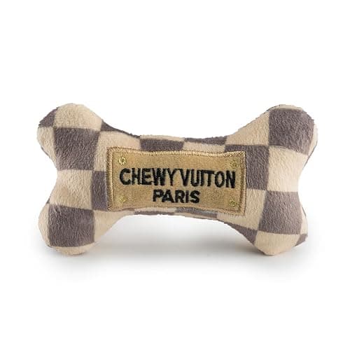 Haute Diggity Dog Checker Chewy Vuiton Bone, Plush Designer Dog Toys with Interactive Squeaker, Stimulating Pet Enrichment, Machine-Washable & Safe Materials for All Breeds, Size Small - Image 1