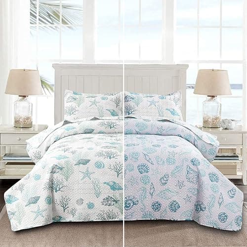 Oliven Reversible Coastal Beach Theme Quilt Set Queen/Full Size Ocean Coral Bedding Seaweed Bedspread Ocean Life Blue Green White Shell Starfish Coverlet Summer Lightweight Beach Daybed Sets - Image 1