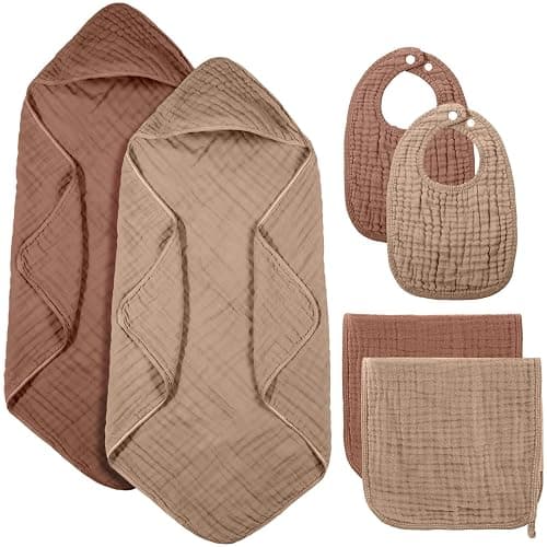 6 Pcs Muslin Hooded Bath Towels Washcloths Bibs Set,Dark Brown, Khaki | Cotton Baby Towels, Absorbent Hooded Blanket Towel, Bibs for Boys Girls Newborn Infant Essential Gifts - Image 1
