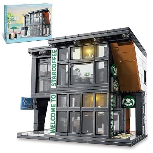 NEWABWN City Coffee House Architecture Building Set with Light, 581 Pieces | Modern 2-story cafe with coffee bar, seating area, lounge, terrace and hidden roof light for a warm street-view display. - Image 1