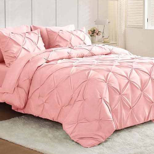 JOLLYVOGUE Pink Queen Comforter Set 7 Pieces, Pintuck Bed in a Bag Comforter Sets for All Season?Pinch Pleat Bedding Sets with Comforter, Flat Sheet, Fitted Sheet, Pillowcases & PillowShams - Pink - Queen(88"x 88") - Image 1