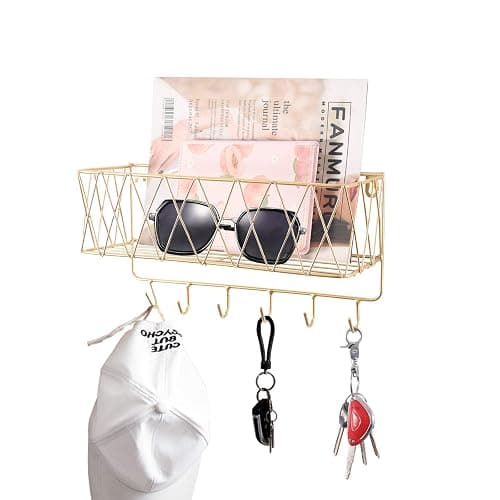 YCOCO Wall Key Holder, Decorative Metal Wire Mesh Mail Storage Basket with 6 Hooks for Letters, Keys, Dog Leashes - Easy to Organize Entryway and Hallway - Image 1