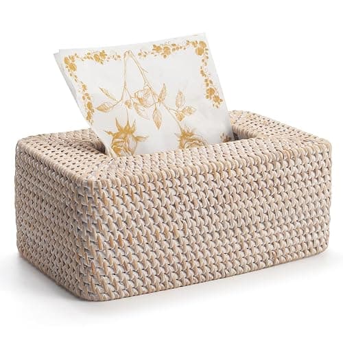 Rattan Tissue Box Cover Natural Woven Facial Napkin Holder Rectangular 10 x 6.1 x 4.1 Inch (White) - Image 1