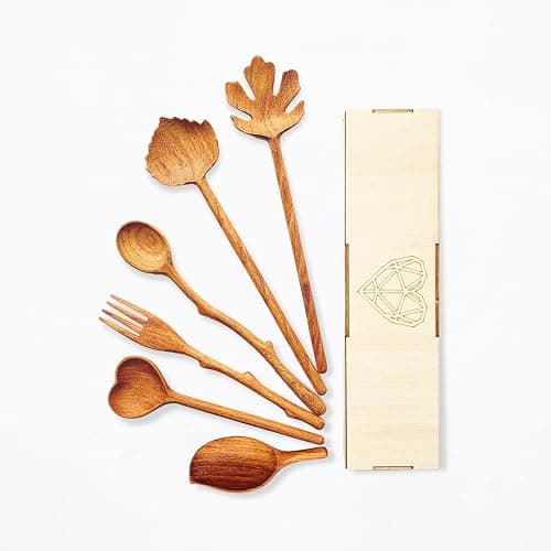 Natural Wooden Spoons and Forks Set (Set of 6), Hostess Gifts for Women, Couple, Thanksgiving, Christmas Gifts Ideas for Mom, Kitchen Cottagecore, Handmade Cooking Gift Ideas - Image 1