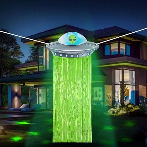 Simgoing Alien Birthday Party Door Curtain Decorations, Fluorescent Green | Foil Tinsel Flying Saucer Spaceship Hanging Banner for Alien Halloween Party Supplies, Fun Garland Decorations - Image 1