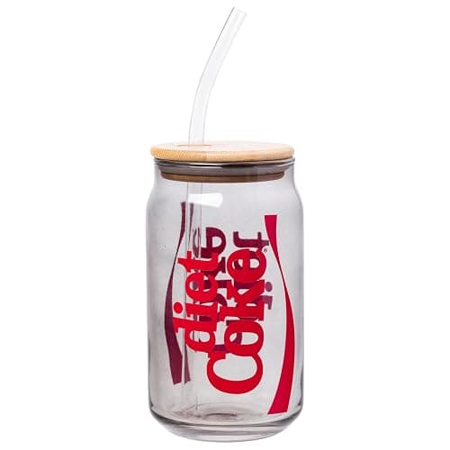 Silver Buffalo Coca-Cola Diet Coke Logo, Glass Tumbler, 16oz | Jar, Includes Bamboo Lid and Plastic Straw, 0.47 Liters - Image 1