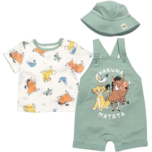 Disney Baby French Terry Short Overalls, T-Shirt and Hat 3 Piece Outfit Set Newborn to Infant Sizes (0-24 Months) - Image 1