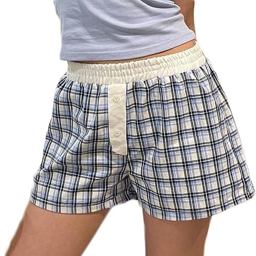 Women Y2k Pajamas Shorts Micro Button Boxers Elastic Waist Cute Pj Bottoms Summer Plaid Lounge Short - Image 1